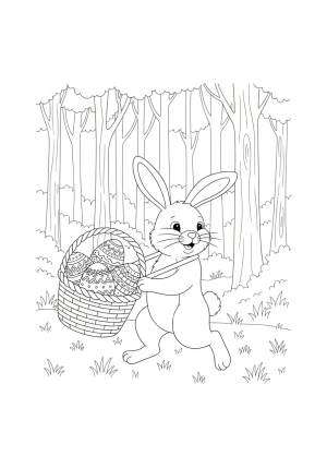 A whimsical scene of a bunny carrying a basket filled with decorated Easter eggs through a wooded forest setting
