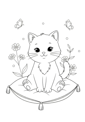 A cute cartoon cat sitting on a cozy pillow surrounded by simple flowers and butterflies