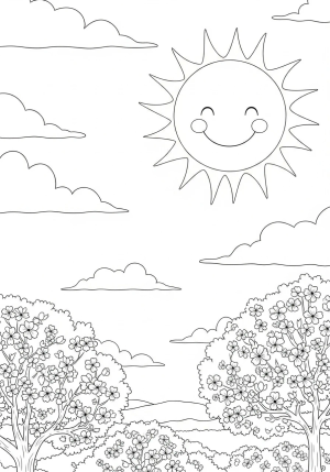 A cheerful sun smiling in the sky with fluffy clouds and blooming trees underneath