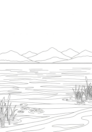 A tranquil lakeside scene with gentle waves, distant mountains, and a few floating lily pads and reeds in a simple line drawing