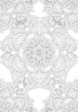 An intricate mandala pattern featuring symmetrical floral motifs and swirling shapes designed for easy coloring