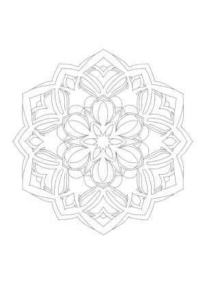 A symmetrical mandala featuring simple geometric shapes and flowing patterns with open spaces for easy coloring