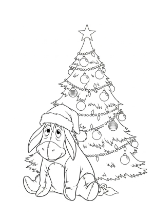 Eeyore wearing a festive Santa hat sitting beside a Christmas tree decorated with ornaments and lights.