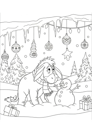 Eeyore happily playing in a snowy winter scene with a scarf and a small snowman nearby, surrounded by holiday decorations.