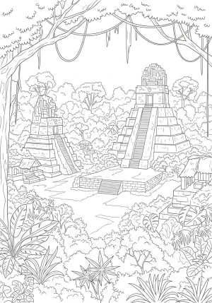 A detailed illustration of the ancient Mayan ruins of Tikal nestled among lush jungle foliage, capturing the mysterious and historic atmosphere