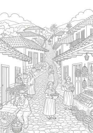A vibrant depiction of a traditional El Salvadorese village scene with colorful houses, cobblestone streets, and local people engaged in daily activities