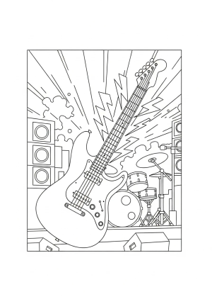 A dynamic electric guitar with lightning bolts emanating from its strings amidst a vibrant stage scene