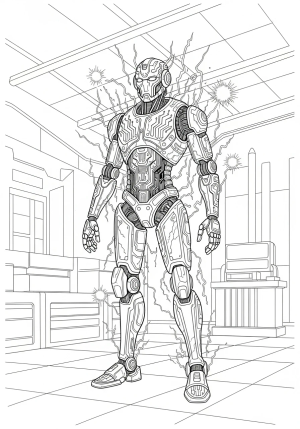 A futuristic robot with electric circuits and sparks flying around its metallic body in a high-tech setting