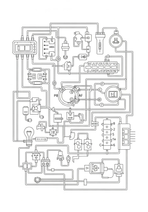 A detailed electrical circuit with glowing bulbs, wires, and switches intricate in design