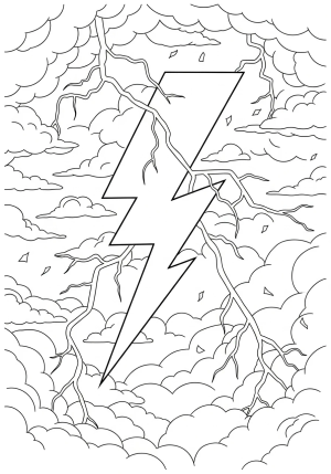 A dynamic lightning bolt striking through a stormy sky filled with swirling clouds and electric sparks