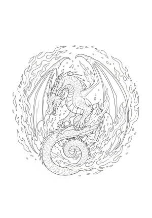 A majestic dragon intertwined with swirling flames and fiery sparks, embodying the essence of fire and energy