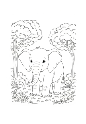 An adorable elephant standing on a grassy patch with a gentle expression, surrounded by trees and flowers.