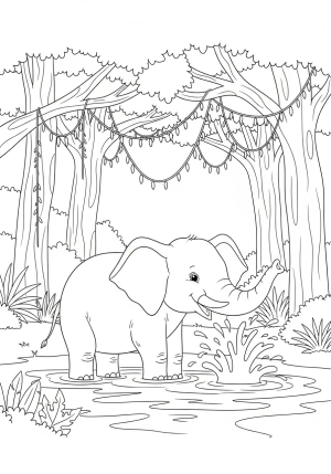 A playful elephant splashing water with its trunk in a lively jungle scene, with tall trees and hanging vines.