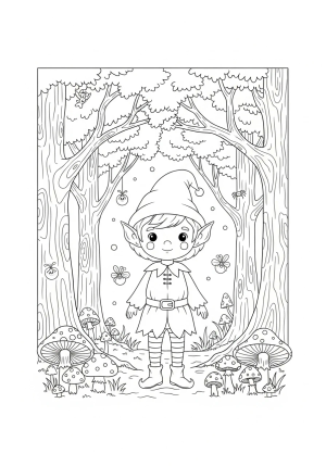 A whimsical elf dressed in a pointy hat and breezy tunic, standing among magical forest trees with mushrooms and tiny creatures surrounding him.