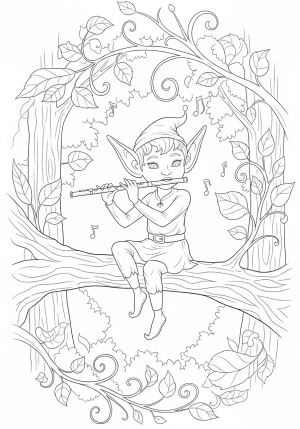 An adorable elf sitting on a tree branch, playing a flute with leaves and vines swirling around, set in a enchanted woodland scene.