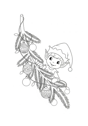An elf on the shelf peeking out from behind a decorated Christmas tree branch with a cheerful expression