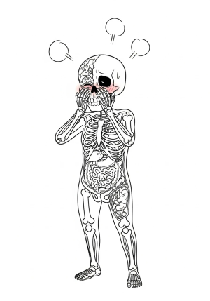 A playful scene depicting a character with their skeleton and internal features exposed, blushing and covering their face in a humorous embarrassment pose.