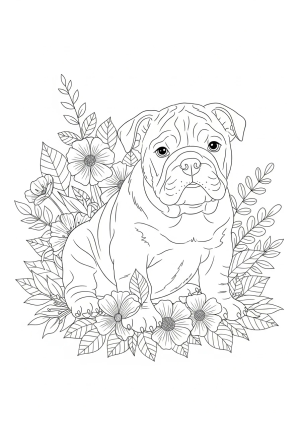 A cute English Bulldog puppy sitting with a playful expression, surrounded by flowers and leaves in a detailed line drawing