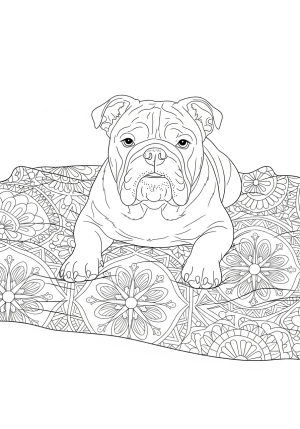 An adorable English Bulldog lying on a blanket with a relaxed pose, featuring intricate patterns and decorative elements around it