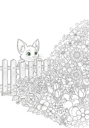 A whimsical scene illustrating the concept of envy with a curious, green-eyed creature peering over a fence at a lush garden filled with beautiful flowers and fruit.