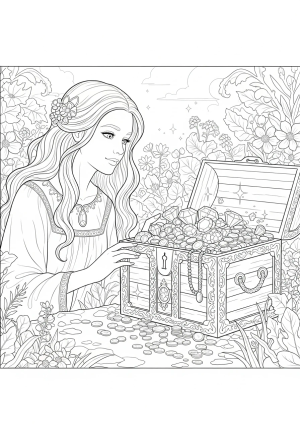 An intricate, detailed depiction of a person gazing longingly at a treasure chest overflowing with sparkling jewels and gold, surrounded by lush foliage and elaborate patterns.