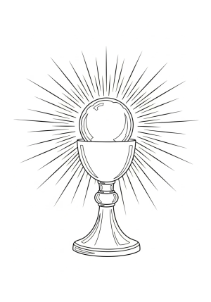 A depiction of the Eucharist with a chalice and host surrounded by rays of light, symbolizing divine grace.