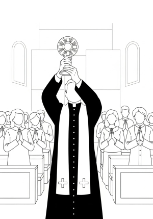 An image of a priest holding up the Eucharist during a church service, with congregants in reverence in the background.