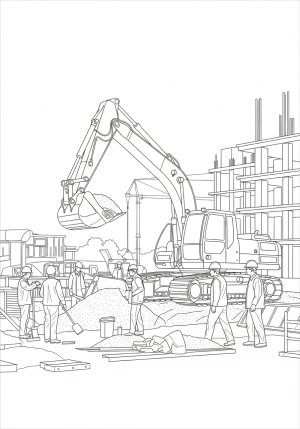 A busy construction scene featuring an excavator lifting a load of gravel with workers nearby and a building under construction in the distance