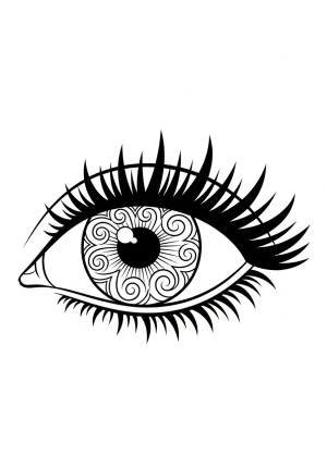 An artistic, stylized eye featuring decorative elements like swirls and patterns within the iris and bold eyelashes for a creative and ornate design.