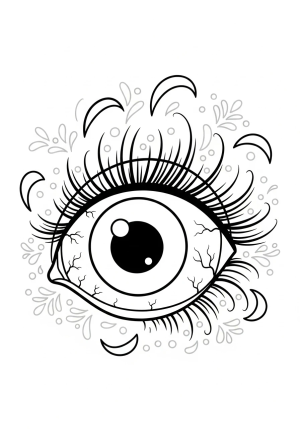 A whimsical cartoon-style eyeball with expressive eyelashes and playful eyelashes, set against a simple background with decorative elements