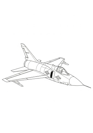 A detailed line drawing of the F-106 Delta Dart fighter jet soaring through the sky with sleek lines and intricate aerodynamic features