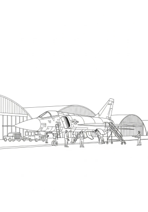 An innovative scene of the F-106 parked on an airstrip with surrounding ground crew and hangar structures in a classic black-and-white line art style