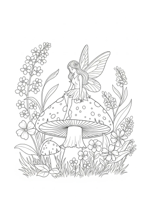 A whimsical fairy sitting on a mushroom with delicate wings and surrounded by blooming flowers in a magical forest scene