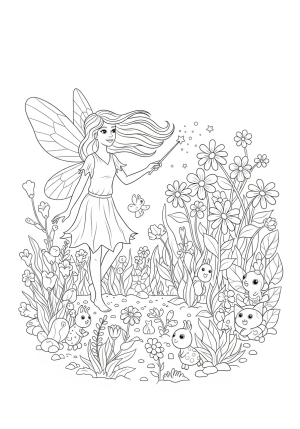 A cheerful fairy with flowing hair casting sparkles from her wand amidst a garden of fairy-tale plants and tiny creatures
