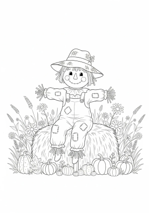 A whimsical scarecrow with a straw hat and patchwork clothes sitting on a hay bale amidst a field of autumn flowers and harvest symbols.