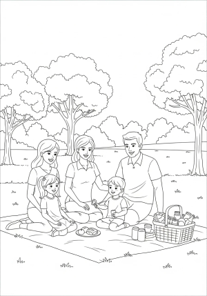 A cheerful family of four having a picnic in a sunny park, with a blanket, basket, and trees in the background.