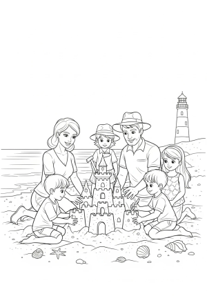 A family of five building a sandcastle together on the beach, with seashells and a lighthouse nearby.