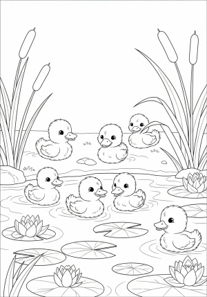 A group of playful ducklings swimming near a pond with cattails and lily pads