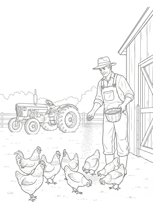 A lively barnyard scene with chickens pecking the ground, a farmer feeding the animals, and a tractor in the background