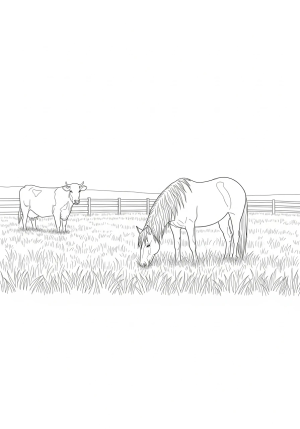 A peaceful pasture with a grazing horse, a cow near a wooden fence, and tall grass swaying in the breeze