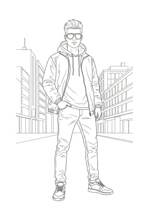 A fashionable young man modeling a trendy casual outfit, standing confidently with one hand in his pocket and a modern city street in the background.