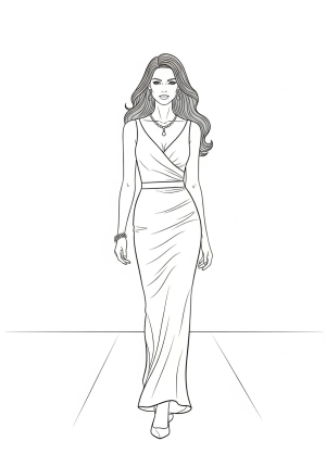 A stylish woman walking down a fashion runway, wearing a chic evening gown, with flowing hair and elegant accessories.