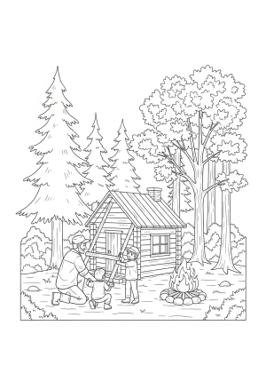 A father and child building a cabin in the woods with trees and a campfire nearby.