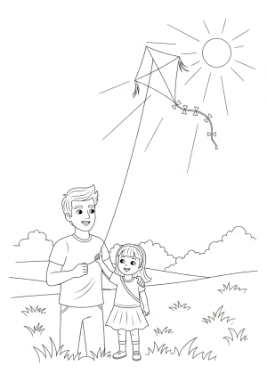 A father and daughter flying a kite together in an open park with the sun shining overhead.