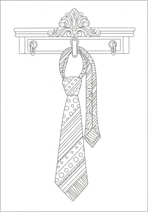 A detailed illustration of a playful tie with fun patterns like polka dots and stripes, hanging from a hook in a classy setting.