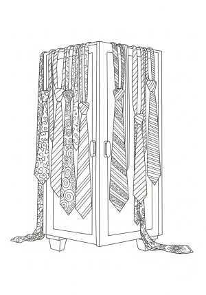 A whimsical scene featuring a variety of ties with different designs draped over a wardrobe, with intricate patterns and decorative elements.