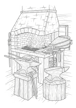 An intricate drawing of a traditional blacksmith's forge with a glowing fire furnace, sparks flying and tools resting nearby.