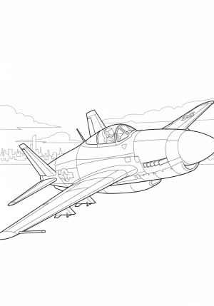 A fierce fighter plane in a dramatic attack pose, with sharp angles, control surfaces, and a background of a distant cityscape