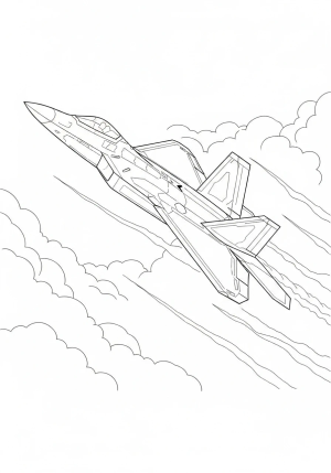 A detailed fighter jet soaring through the sky with sleek lines and dynamic motion, surrounded by clouds and wind streaks
