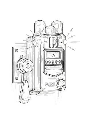 A detailed illustration of a fire alarm mounted on a wall with flashing lights and a pull station nearby.
